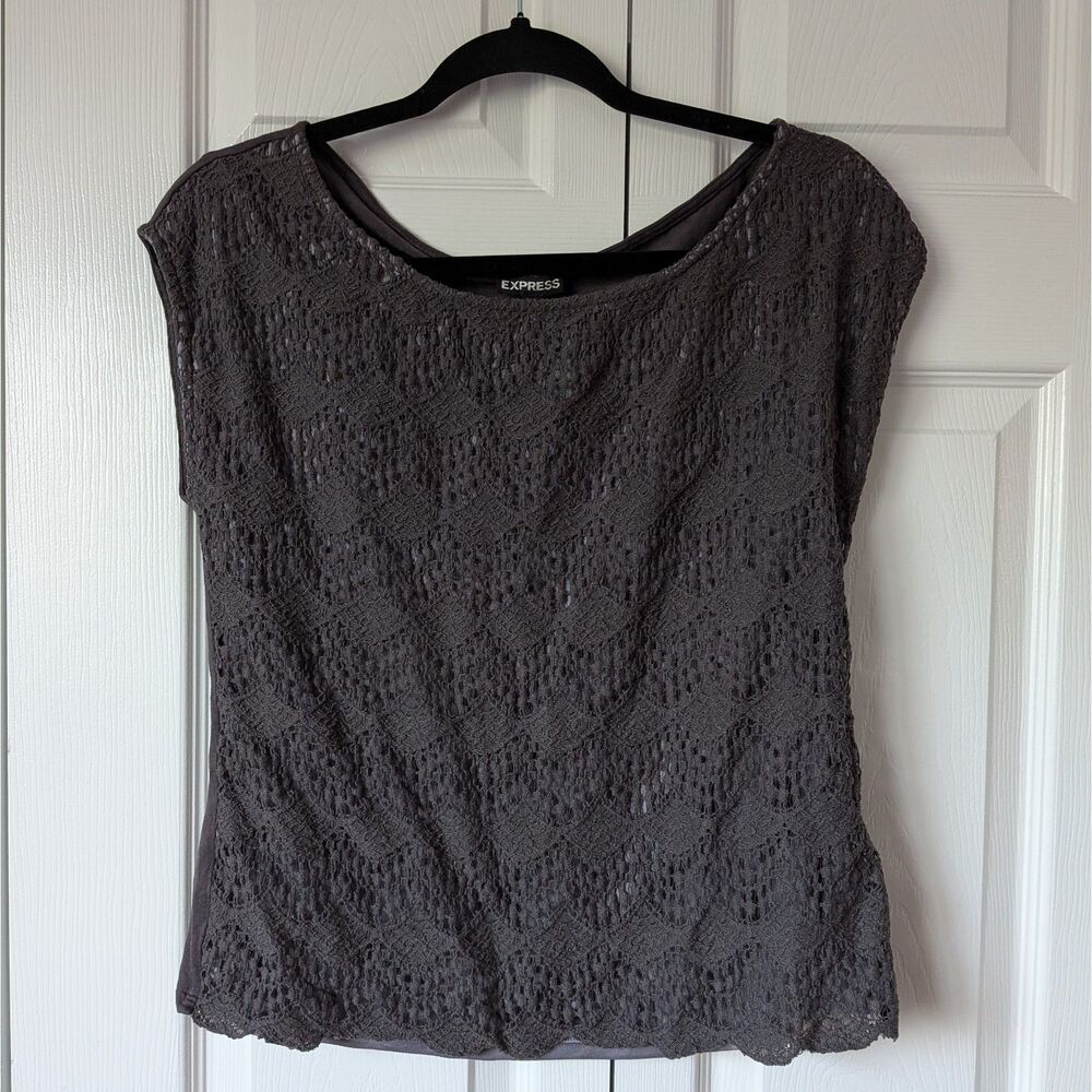 Express Art Deco Lace Overlay Womens Small Green Sleeveless Blouse Top Shirt